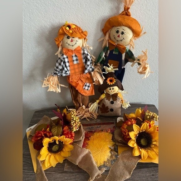 Fall decor Bundle Scarecrow Table Top Family Bows Faux Loose Leaves Holiday - Picture 1 of 7